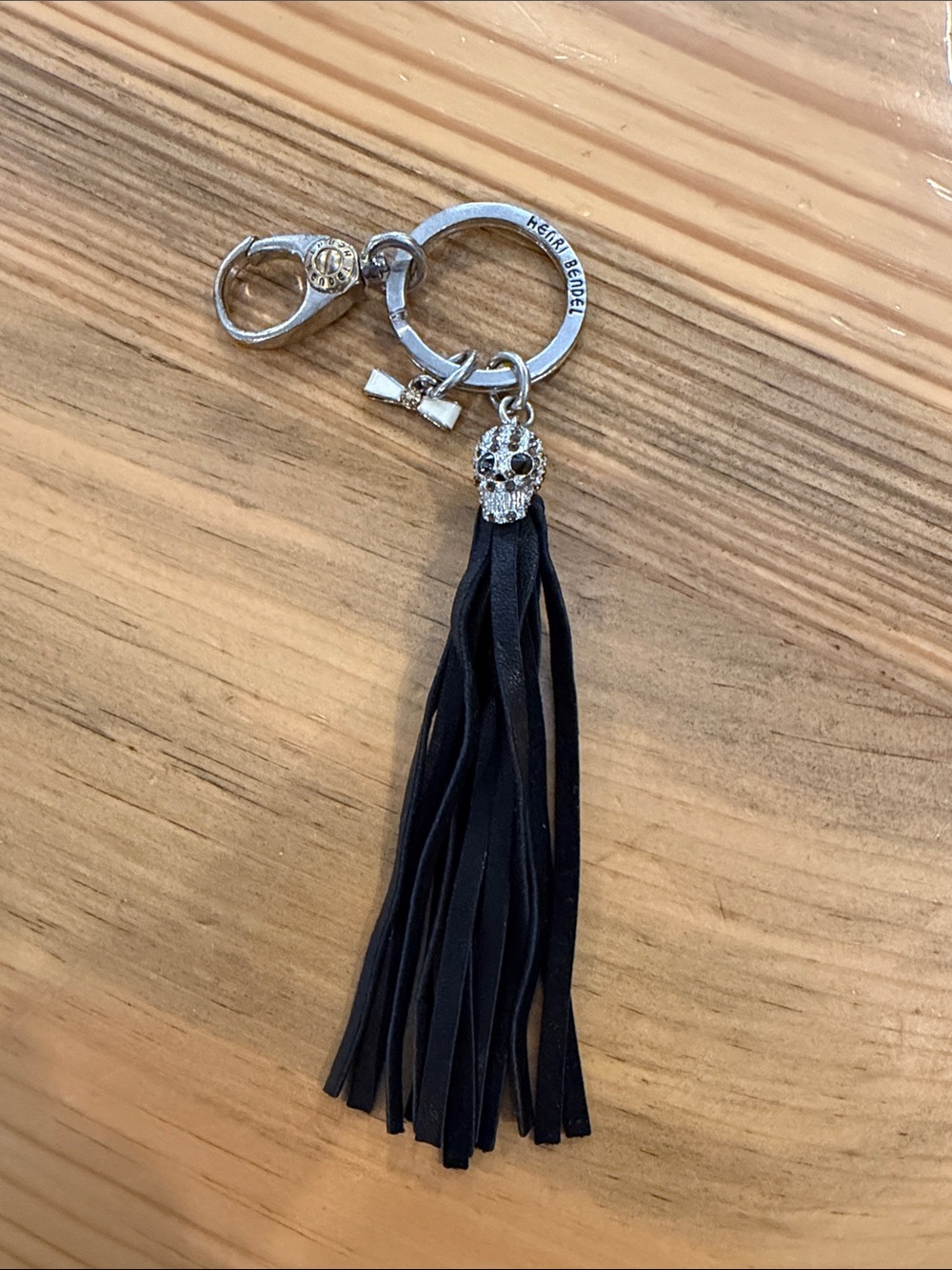 henri bendel Black Tassel Keychain with Crystal Skull and Bow Charm